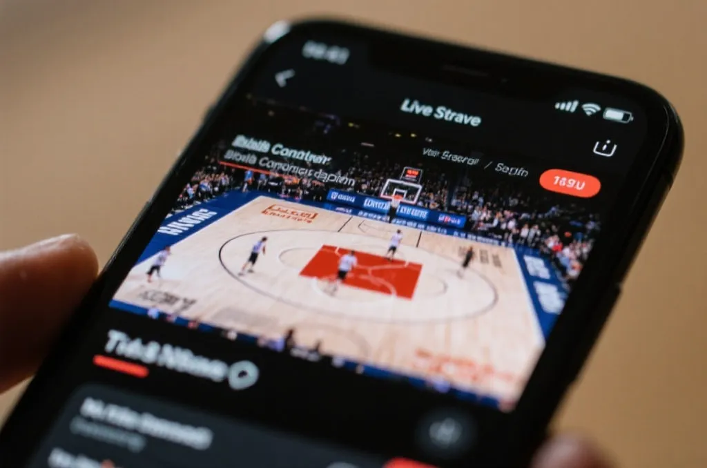 A close-up shot of a smartphone screen showing a basketball game live stream with data consumption overlay